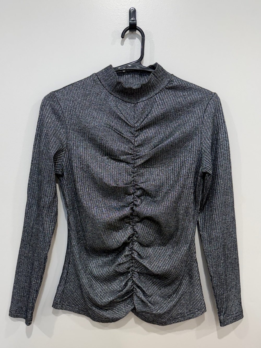 BLANK Ruched Mock Neck Long Sleeve Top - Charcoal Gray